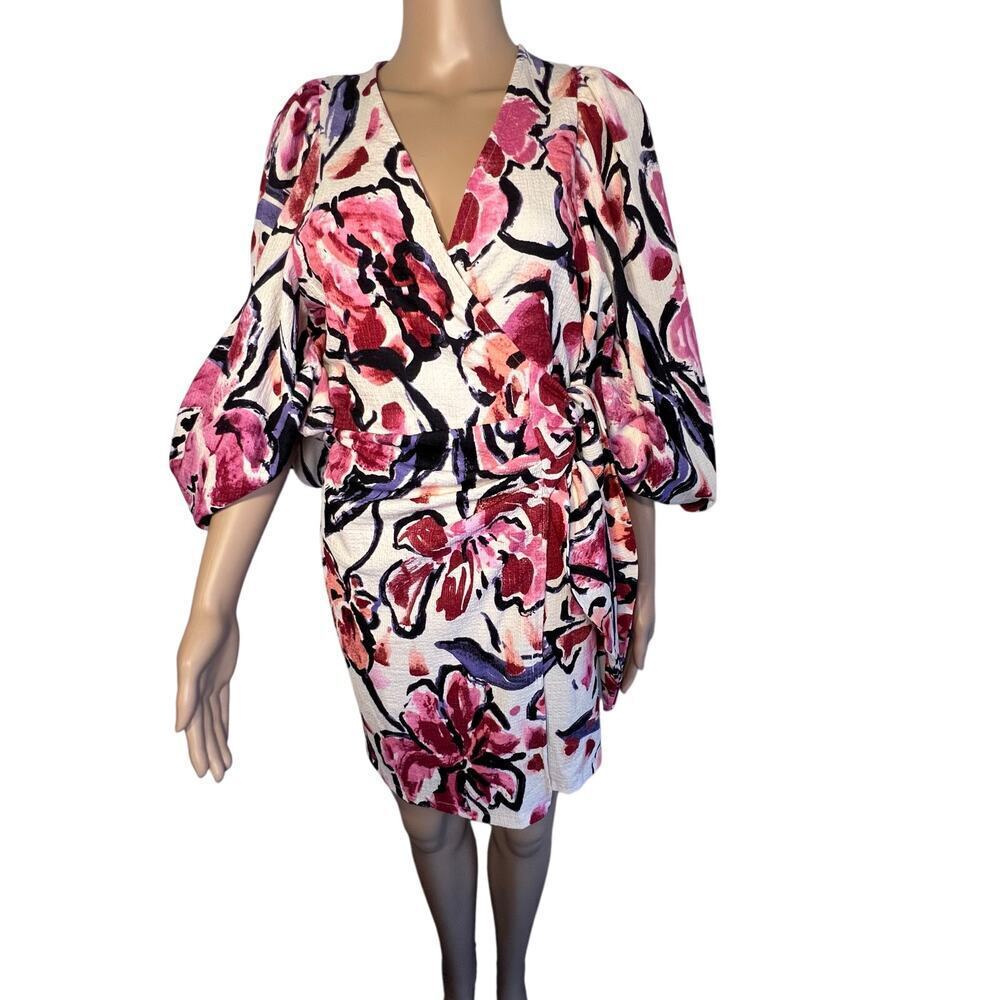 H&M ladies XS puff elastic sleeve red pink maroon wrap dress coverup floral mini - Picture 5 of 10